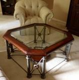 Tufted Armchair & Glass, iron & Leather Tooled Cocktail Table