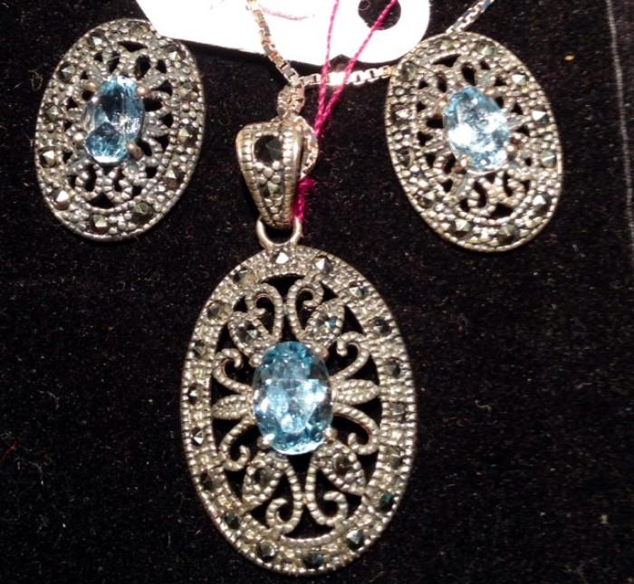 Sterling Silver, Marcasite and Blue Topaz Jewelry