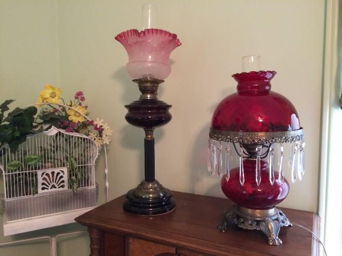 Nice Bird Cage with Glass Waterers, Ruby glass lamp and older lamps