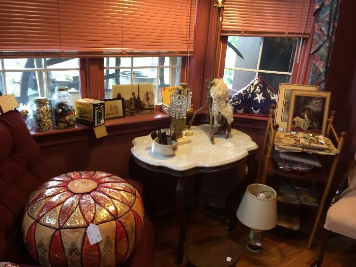 Marble top tables, Jars of buttons, Ephemera including Harpers Bazaars, maps, prints, advertising, brownie cameras, cast brass and marble candlesticks, antique door hardware, recliner, wingback chair