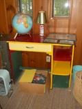 Desk, globe, Budweiser lamp, old baskets