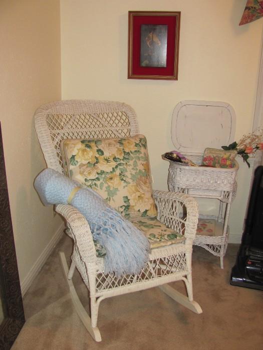 Wicker rocker and sewing stand