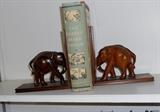 Beautiful Set of Carved Elephant Bookends with Ivory Tusks and Eyes