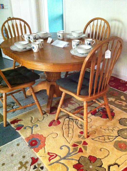    Breakfast set; 8 x 10 colorful rug; rooster dishes;