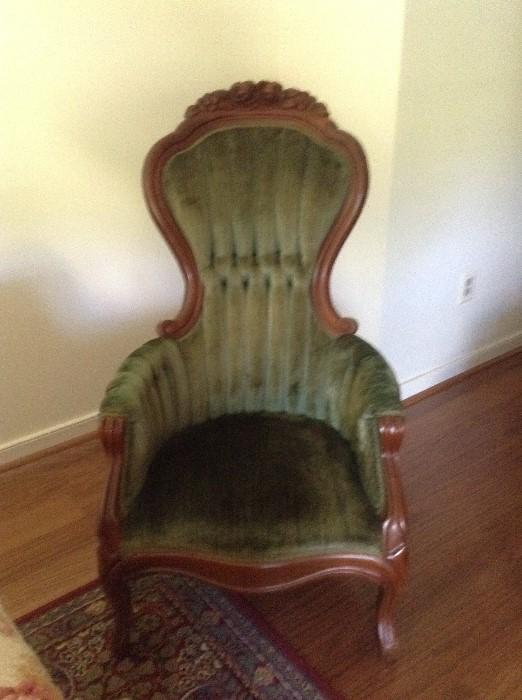 Victorian chair green velvet fabric