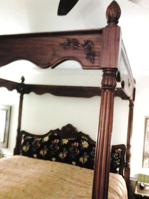 King size bed with stunning post simple carving around top apron. Upholstered Headboard can be keep as is or recovered. Its easy to do yourself. 