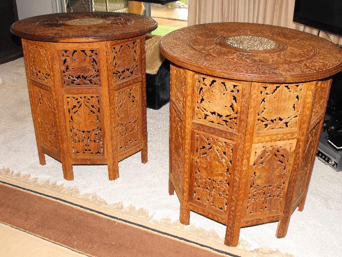 Hand Carved Teak End Tables. With white inlay on tops.