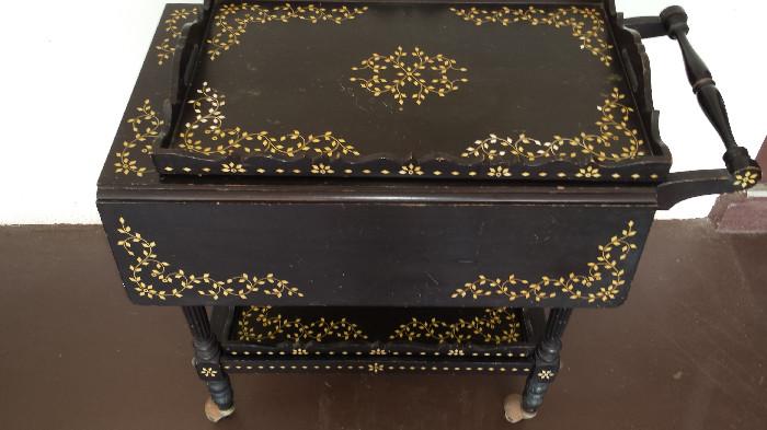 Beautiful Inlaid White on Black Tea Cart. 2 Trays and extending top leafs.