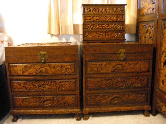Hand Carved Teak Wood Chests and a set of Drawers.