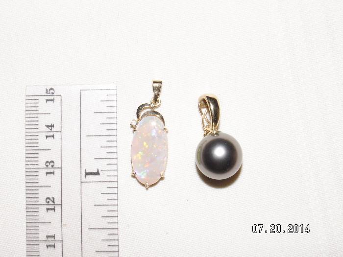 Fire opal and black Tahitian pearl pendants