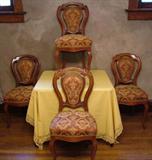 Set of 4 Victorian Baloon back chairs. Completely re-done springs/webbing and a new beautiful Scarlet & Gold upholstery.