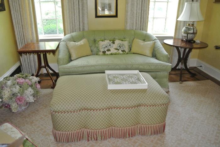 Custom Upholstered Love Seat and Ottoman