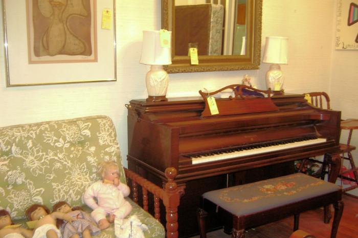 American Girl and other dolls, Knabe piano & w/needlepoint bench