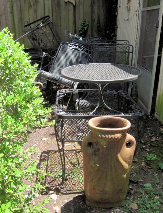 patio furniture and large clay pot/urn