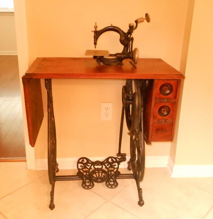 Willcox & Gibbs 1890's Sewing Machine with Cast Iron Base & Wood Cabinet