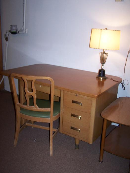 Desk, chair, lamp, end table