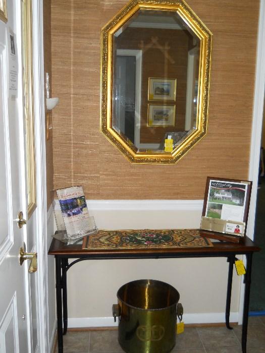 sofa/foyer table, mirror, brass planter