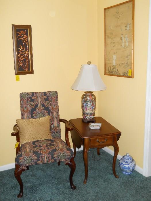 Drop leaf side table, Oriental lamp, armed side chair, framed art, etc.