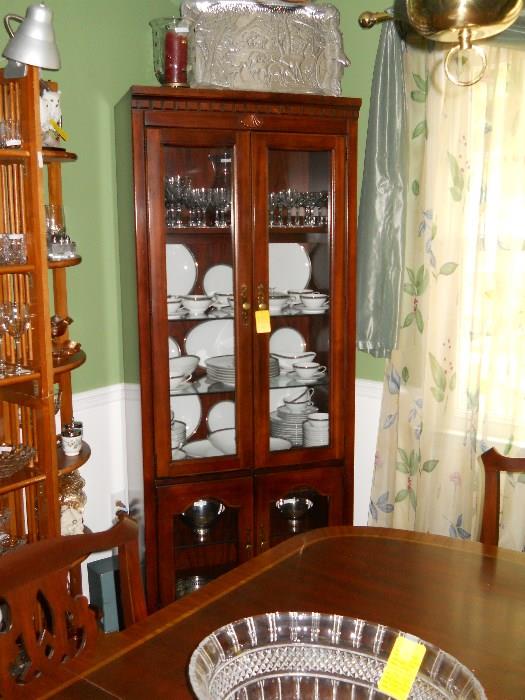 Lighted curio cabinet, Noritake china, crystal stemware, etc.