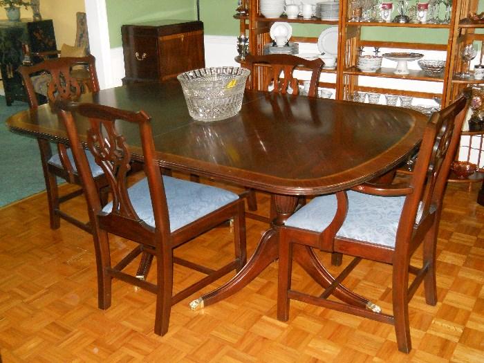 Henkel Harris inlaid table w/leaves, pads and 6 chairs, Irish Crystal bowl, etc.