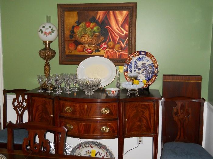Henkel Harris inlaid sideboard, banquet lamp, porcelain platters, Waterford, etc.