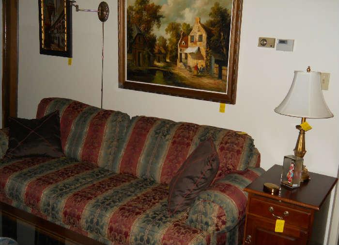 Craftmaster sofa, Riverside end table, Stiffel brass lamp, framed art, etc.
