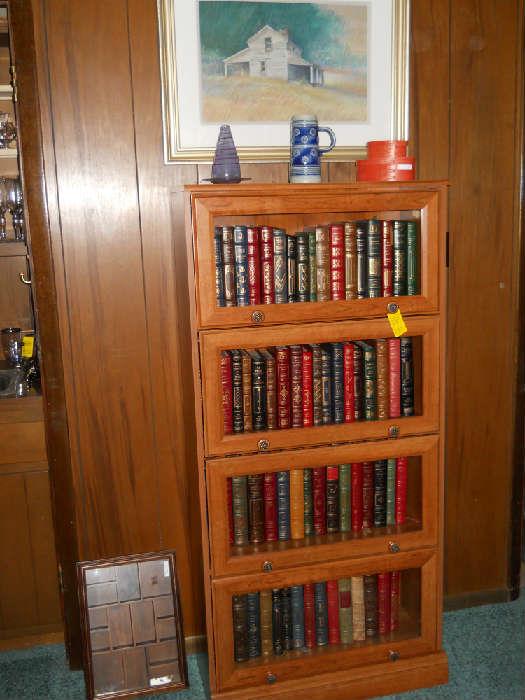 Barrister bookcase, books, framed art, stein, etc.