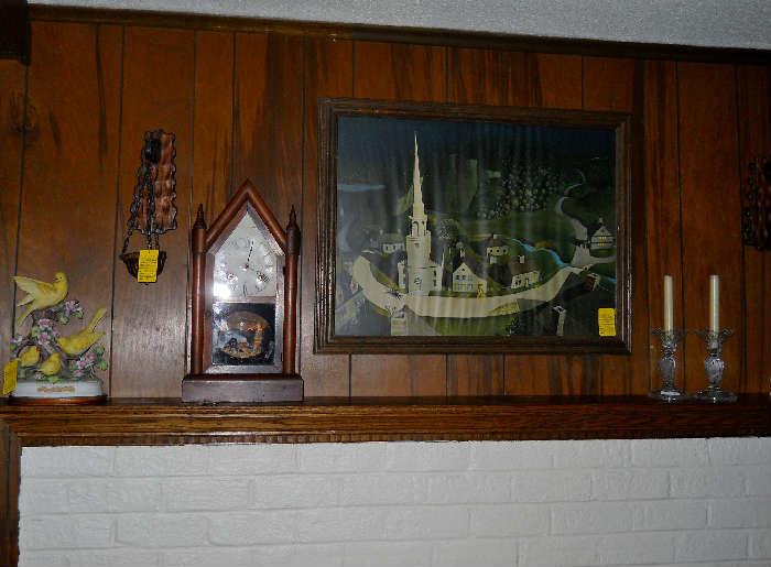 Steeple clock, framed art, candle holders, etc.