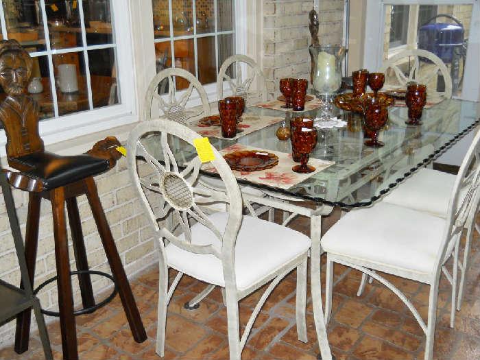 carved faces bar stools, metal and glass table & chairs, amber thumbprint glassware, etc.