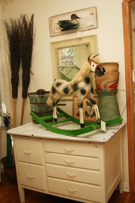 Antique kitchen enamel top cabinet, antique hobby horse, primitives