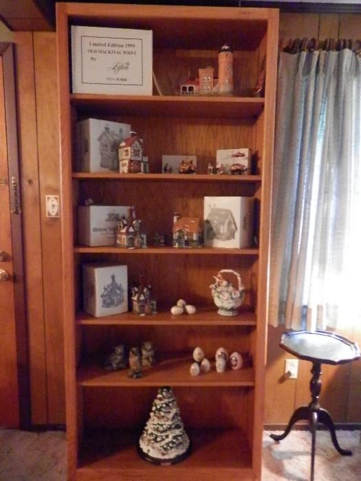 Bookcase with Dept 56 Dickens houses, Lefton McIntosh lighthouse