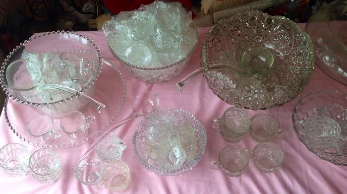 Large Assortment od Punch Bowl Sets including an Amazing Candlewick Set by Imperial Glasa