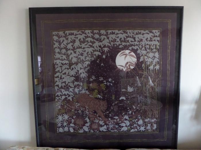 Great framed scarf of jungle cat and butterflies. 