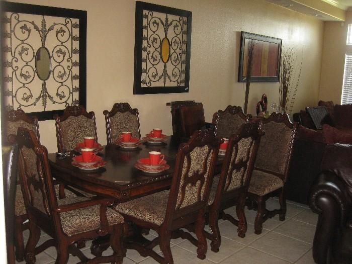 Formal Dining room table and 8 chairs with tapestry upholstery