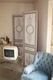 lucite rolling stand, neoclassical screen