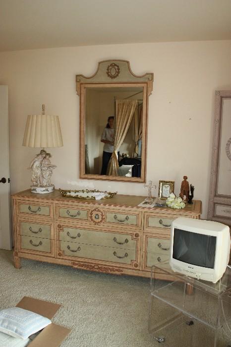 Hollywood Regency Dresser Baker Neo Classical with Mirror - also has bench and 2 bedside tables Lucite TV table French Style