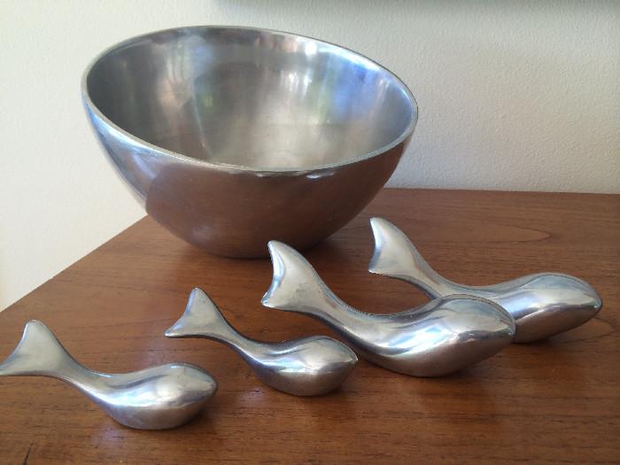 Nambe Bowl &Signed  Hoselton Whale Sculptures