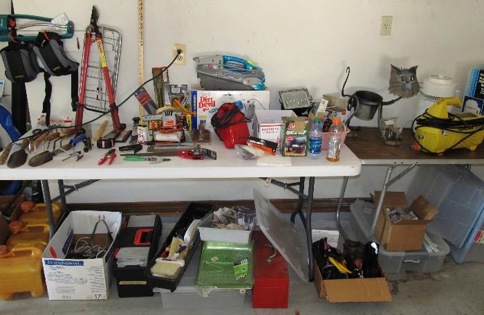 Some of the hand and power tools that are available in this sale...lawn and garden tools, handyman tools, portable Shark, Red Devil Vacuum cleaners, Karcher 410 portable pressure washer, tool boxes, and lots of exercise equipment...hand / wrist weights, small dumbbells, etc.  All items shown except our display tables are for sale.