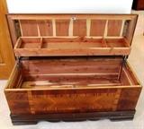 Vintage Art Deco Style Cedar Chest with beautiful rich color, nicely curved features and marketry accents.  Chest has large interior storage plus a top tray for small items storage.