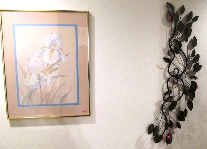 Some of the fine artworks available in this sale.. metal sculpture depicting trailing vines and leaves;   Also a fine floral print by listed artist Elissa Johns