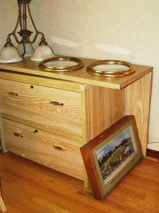 Lateral File Cabinet with 2 drawers and brass pulls, natural finish.  Other items shown are also available