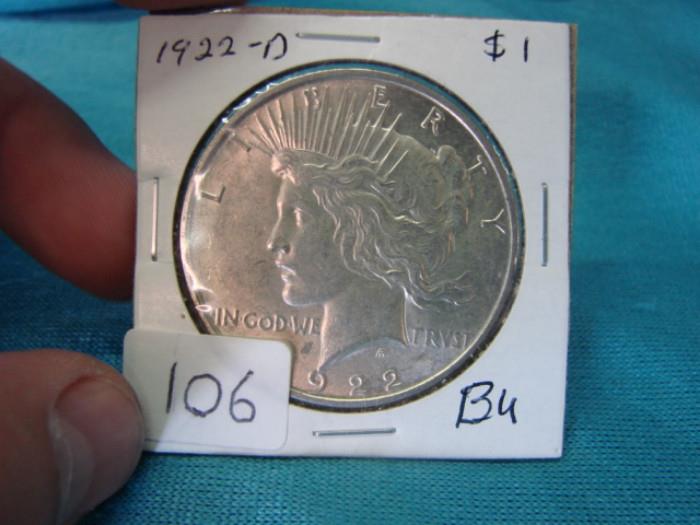 1922-D peace silver dollar; Very nice looking coin, appears to be brilliant uncirculated, please see pictures for accurate grading.