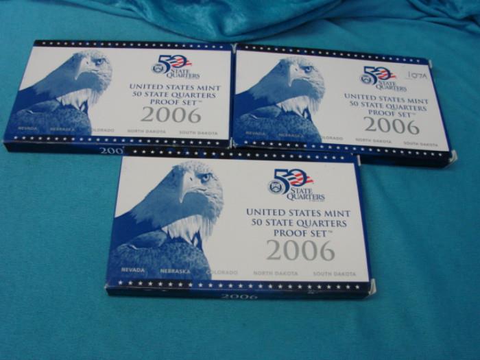 Three 2006 US Mint state quarters proof sets; All come in original boxes with COAs.