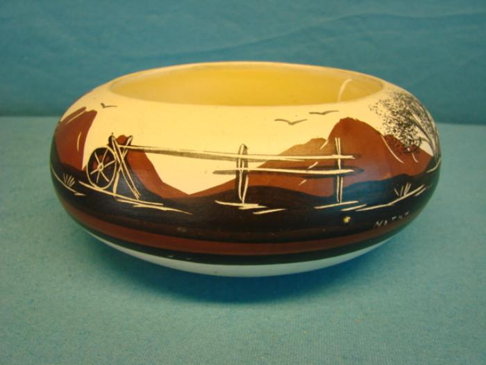 Beautiful Native American pottery bowl, signed on the bottom; Nice looking desert scene painted on it. In excellent condition, has some light marks on the rim and bottom. Measures 3 1/4" x 8"
