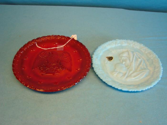 One Mother's Day 1971 "Madonna" deep satin blue plate, and one 1976 bicentennial commemorative ruby plate. Plates measure 7 1/2" to 8" across. Both are stamped and have sticker labels. Both plates are in excellent condition. Please see pictures.