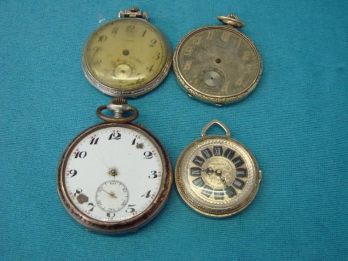 3 Old Pocket Watches and 1 Pendant Watch. None are running, a parts lot. Please see pictures.