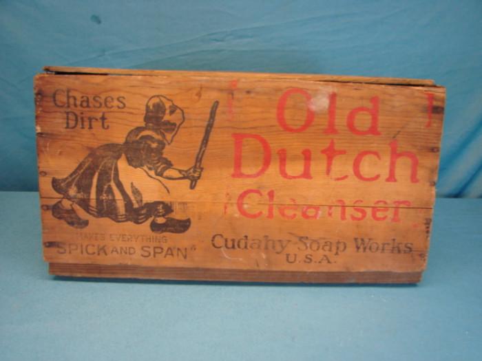 Antique wooden crate; Old Dutch Cleanser, Cudahy Soap Works, USA. Has an image of a Dutch maid on the side, and reads "Chases dirt", and "Makes everything 'spick and span'". Crate is worn, has some water damage, nails are rusty, has been written on with pencil, and is missing a few planks on the bottom. Very unique piece, please see pictures.