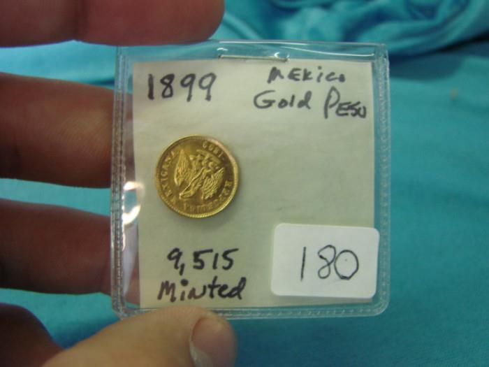 1899 Mexican gold peso; Rare coin, only 9,515 were ever minted. Appears to be brilliant uncirculated, please see pictures for accurate grading.