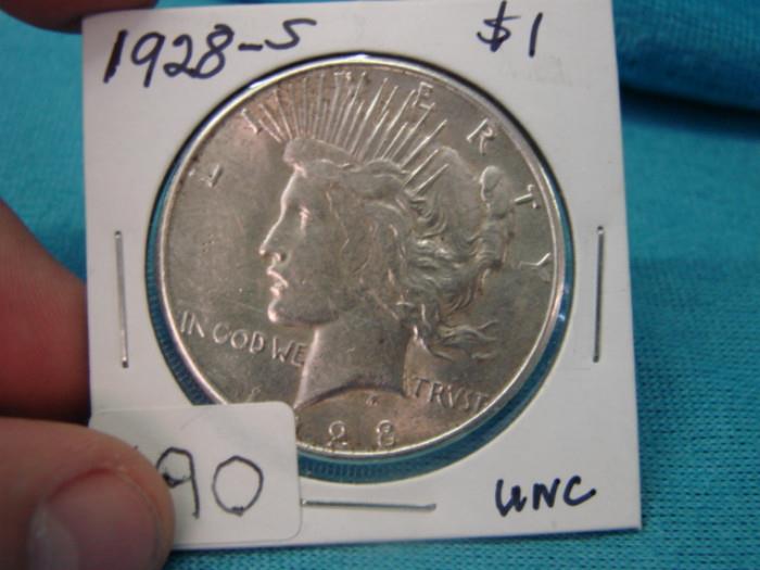 1928-S Peace silver dollar; Appears to be uncirculated. Please see pictures for accurate grading.