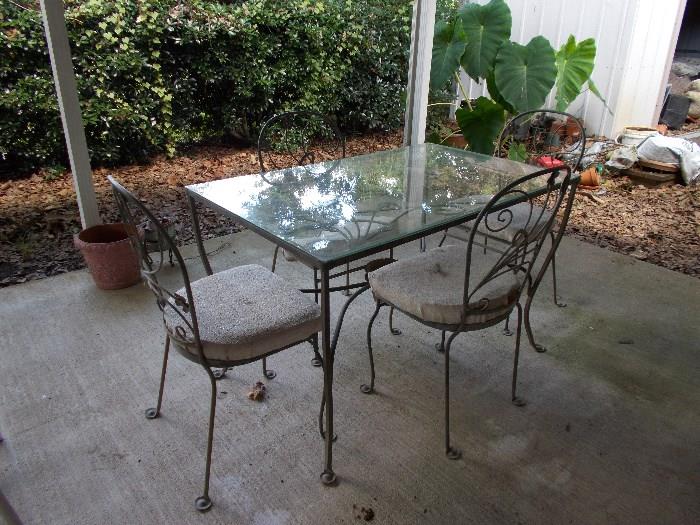 Rectangular Metal/Glass Top Table - 4 Metal Chairs with Cushions!